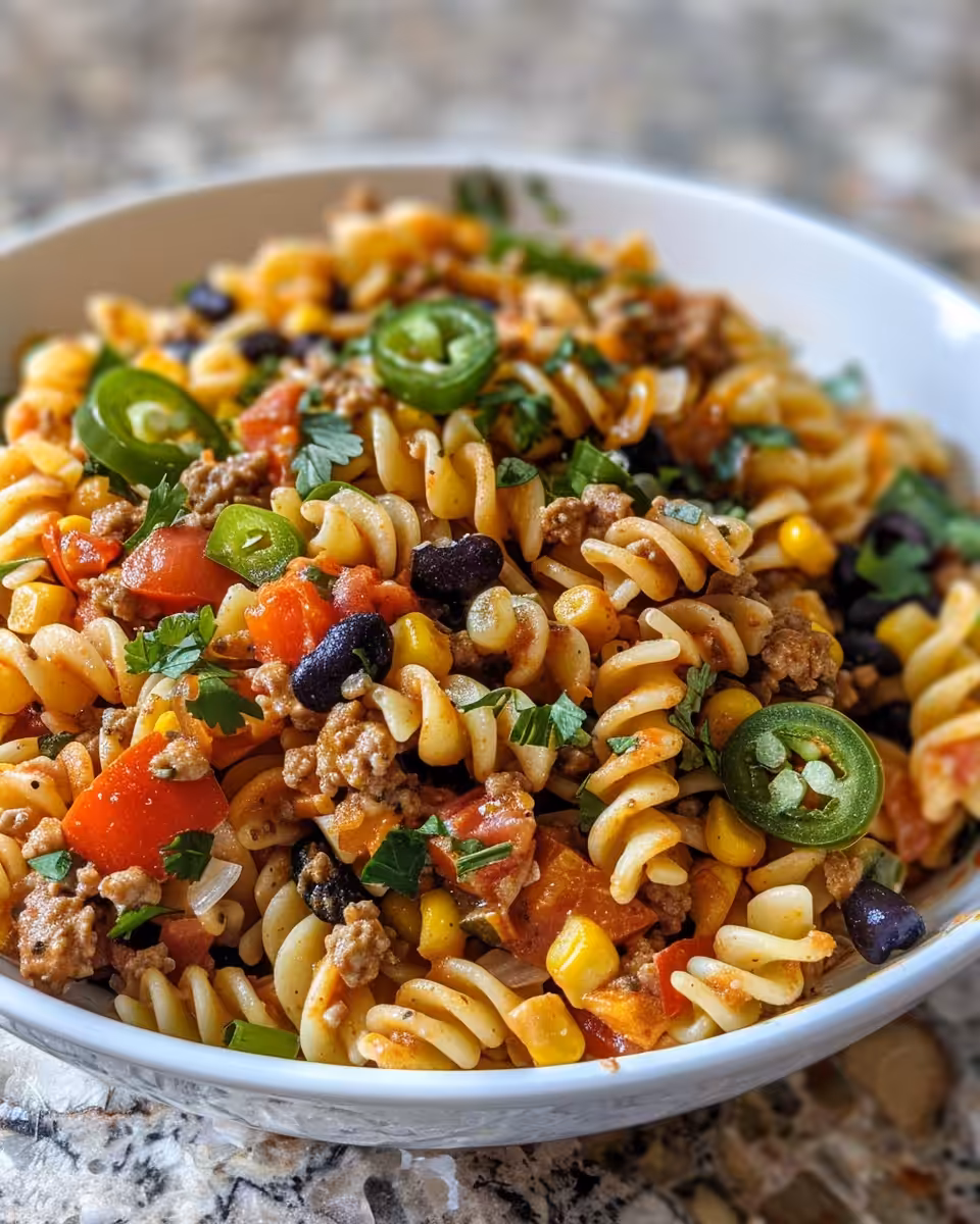 Served taco pasta salad with creamy topping and fresh green onions