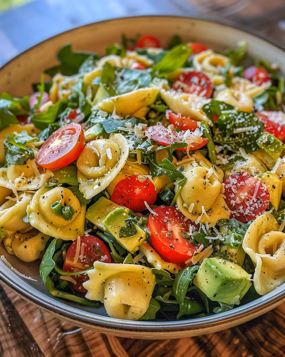 Close-up of fresh Italian Grinder Tortellini Salad in pressure cooker