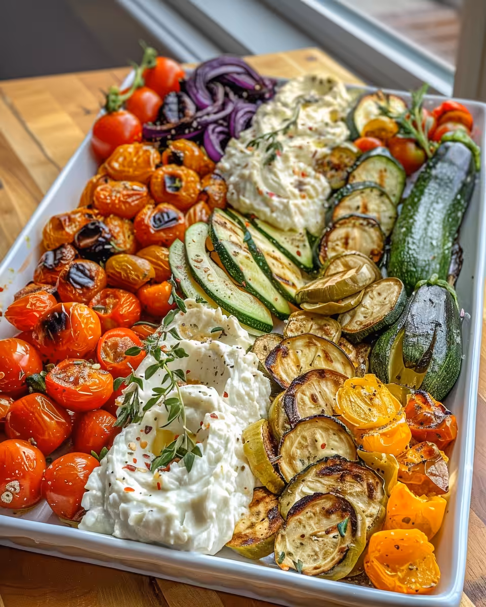 Finished grilled vegetable platter served with yoghurt dip and lemon wedges