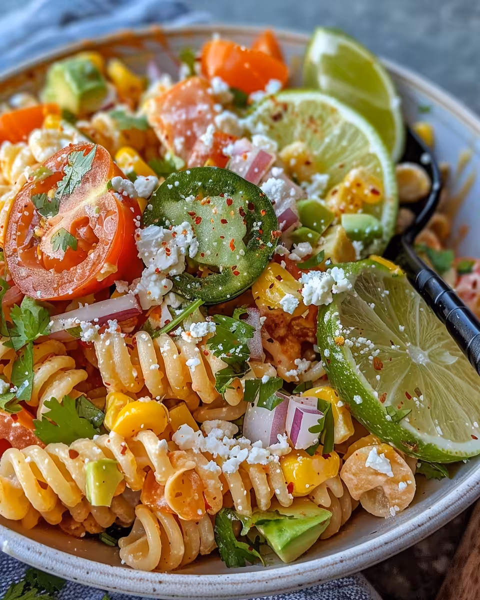 Ingredients and preparation steps for Mexican street corn pasta salad in a bowl