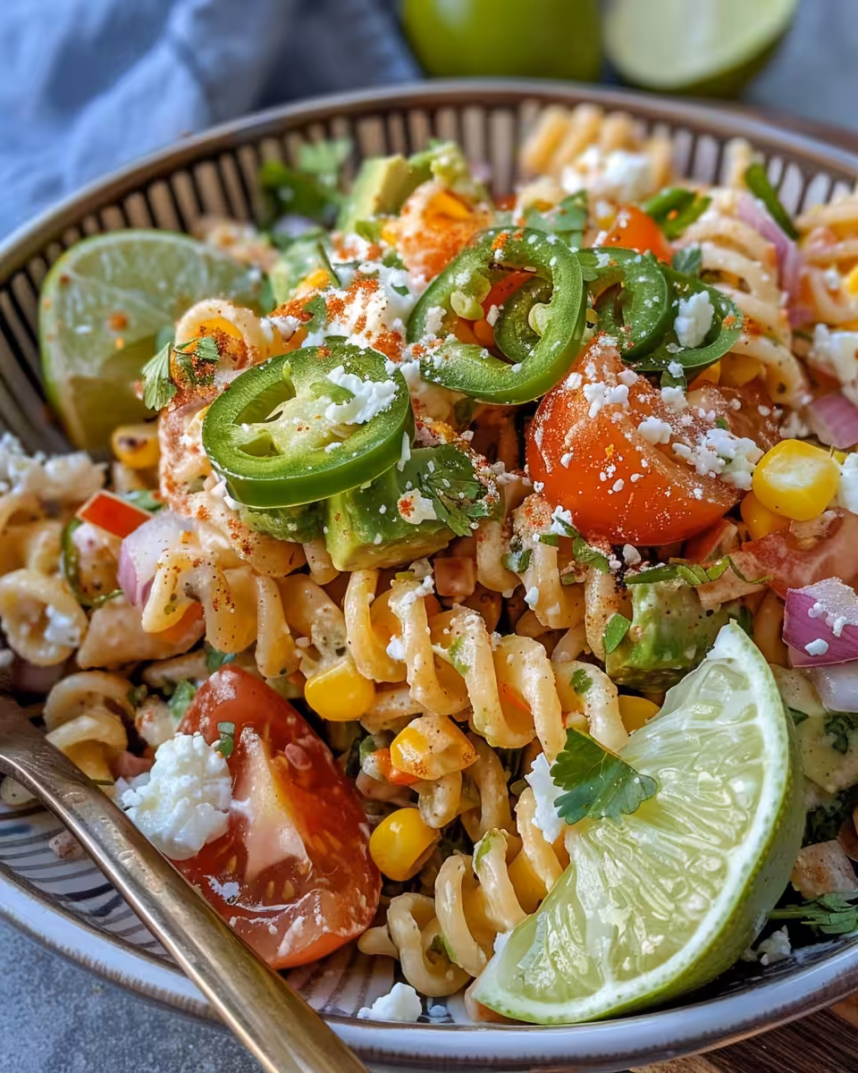 Final Mexican street corn pasta salad served in a bowl garnished with cilantro