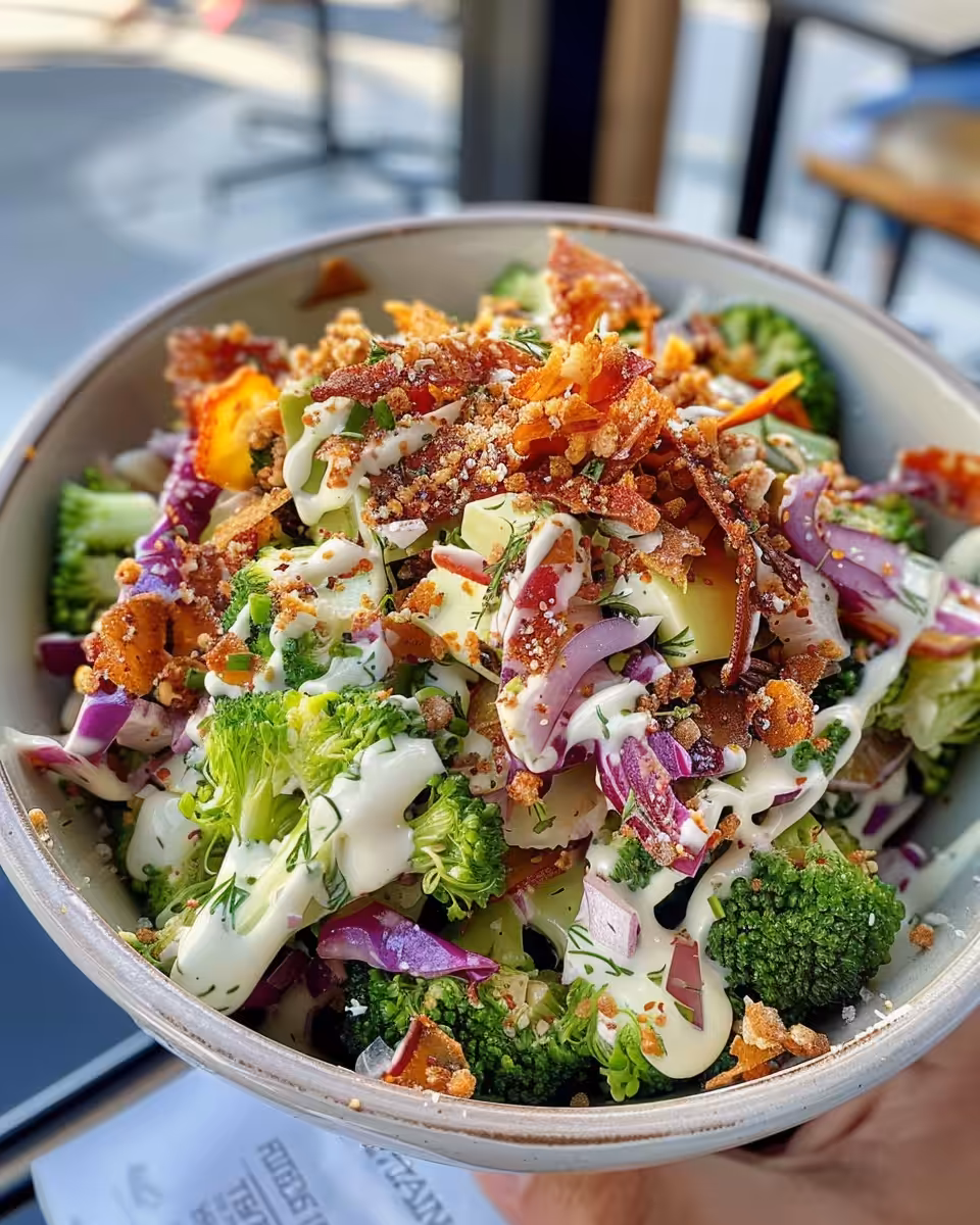 Served broccoli grape salad with sunflower seeds and raisins chilled in bowl