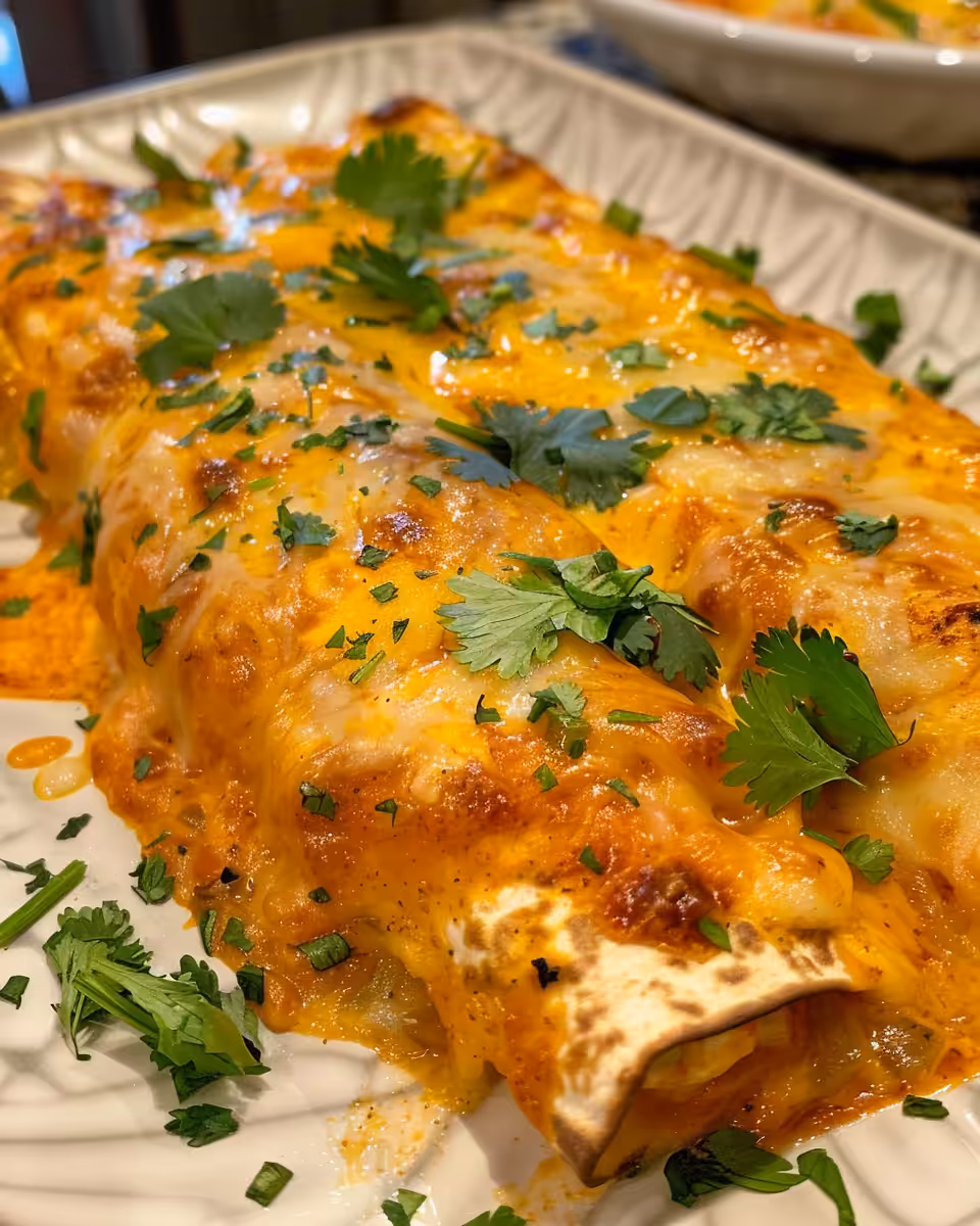 Baked cheesy chicken enchiladas fresh out of the oven with golden melted cheese