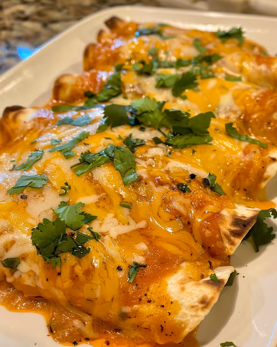 Delicious white rotisserie chicken enchiladas steaming fresh from the pressure cooker