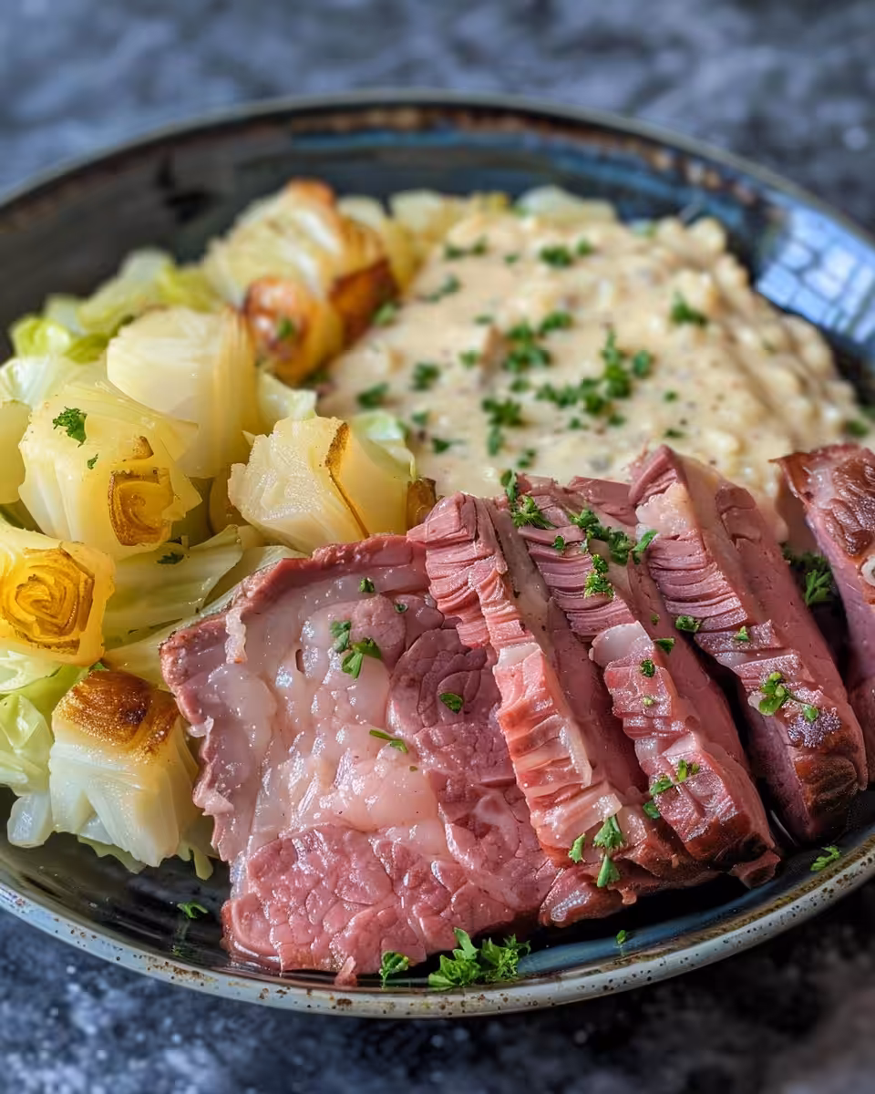 Sliced tender corned beef with cabbage and horseradish sauce served on plate