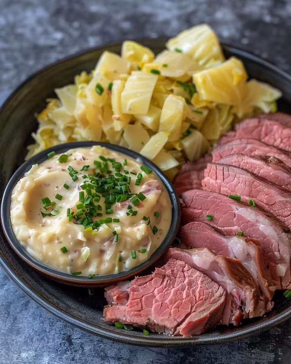 Tender corned beef and cabbage cooking with steam aroma