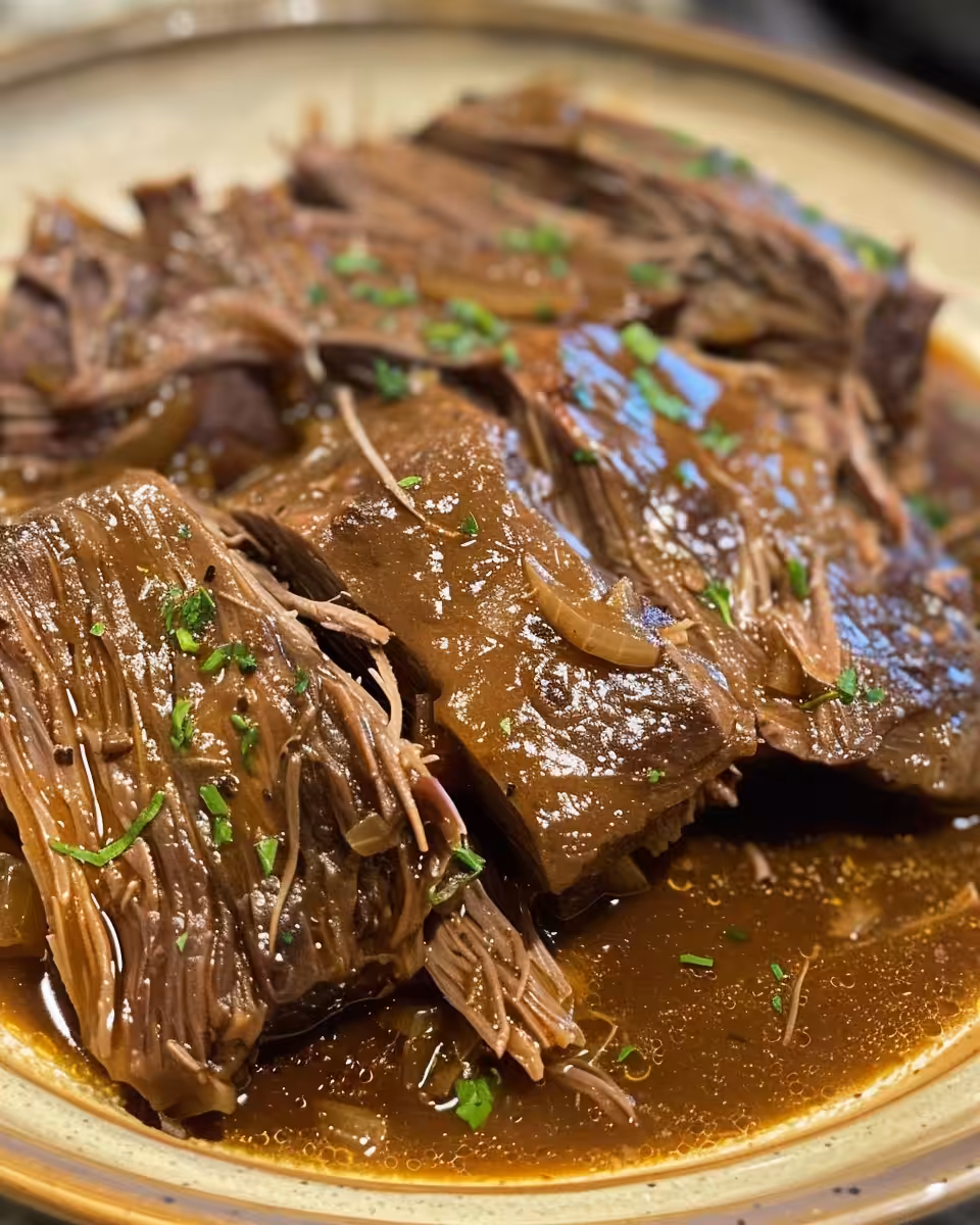 Final plated Jamaican style beef pot roast ready to serve with potatoes