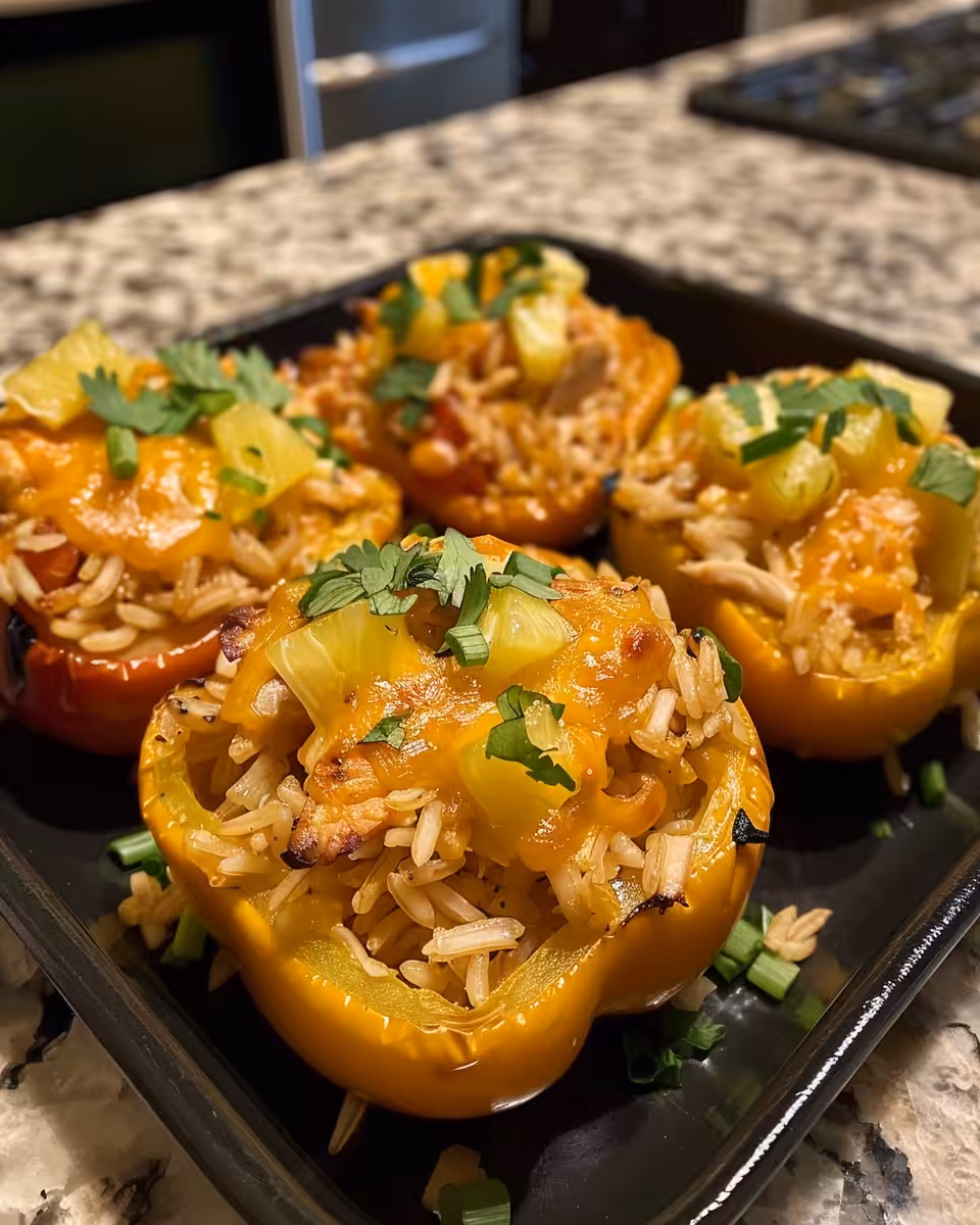 Final plated teriyaki pineapple chicken and rice stuffed bell peppers
