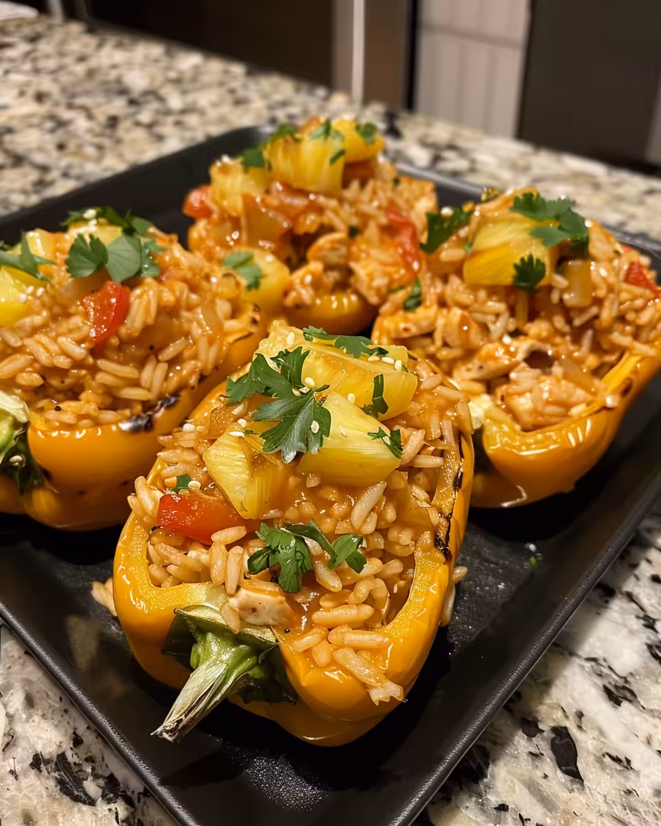 Pressure cooker with teriyaki pineapple chicken and rice stuffed bell peppers