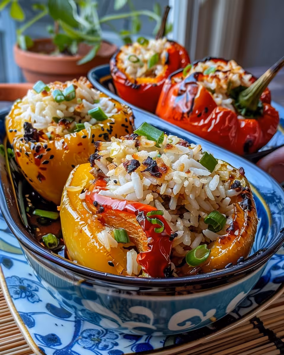 Ingredients for teriyaki pineapple chicken rice stuffed peppers with fresh vegetables and sauce