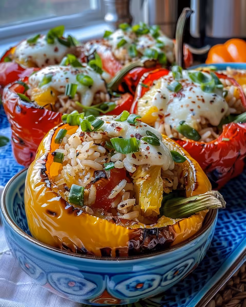 Finished teriyaki pineapple chicken rice stuffed peppers served with green onion garnish