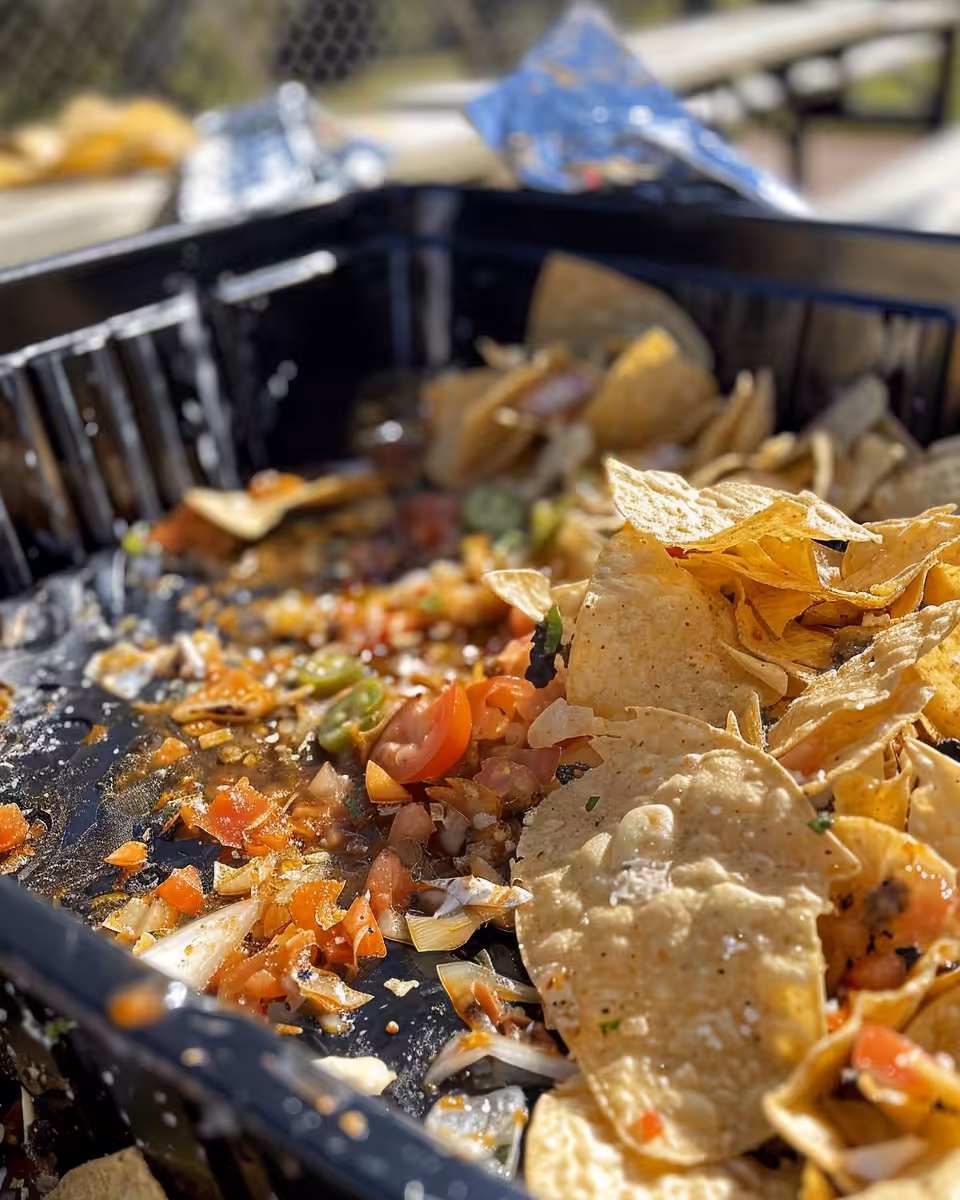 Final plated Texas Trash Dip served with chips