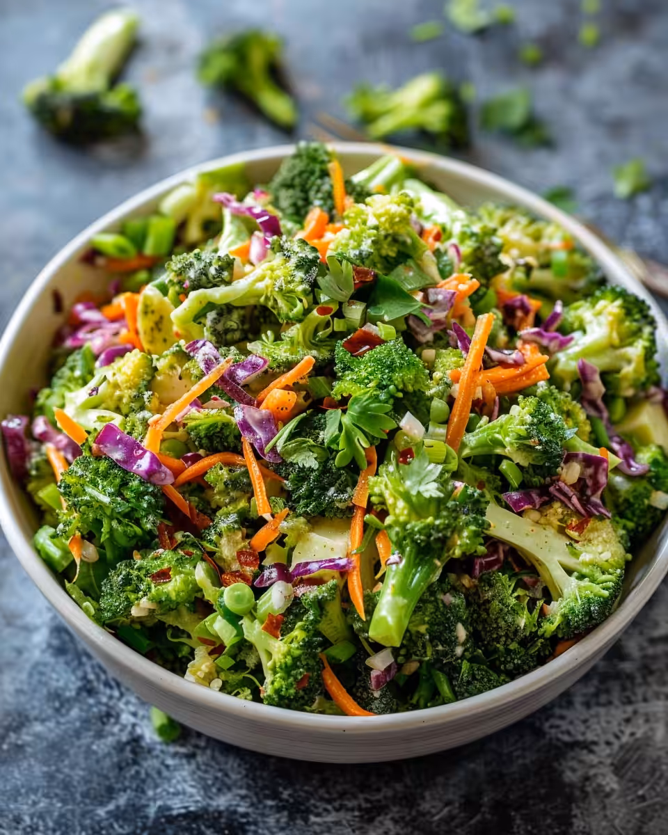 Mixing broccoli salad with creamy dressing and crunchy sunflower seeds
