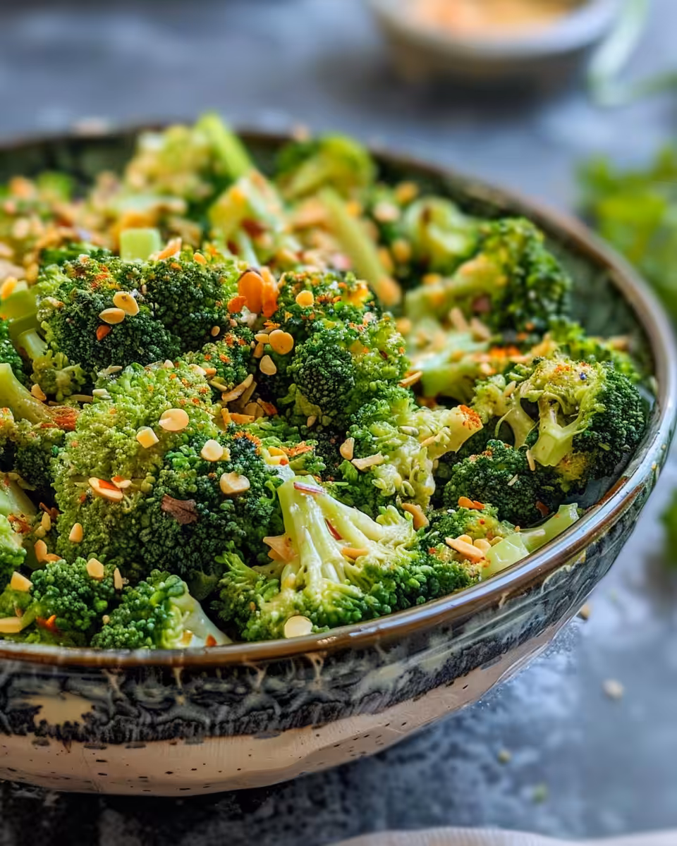 Freshly prepared broccoli salad with crisp broccoli, dried cranberries, and red onions