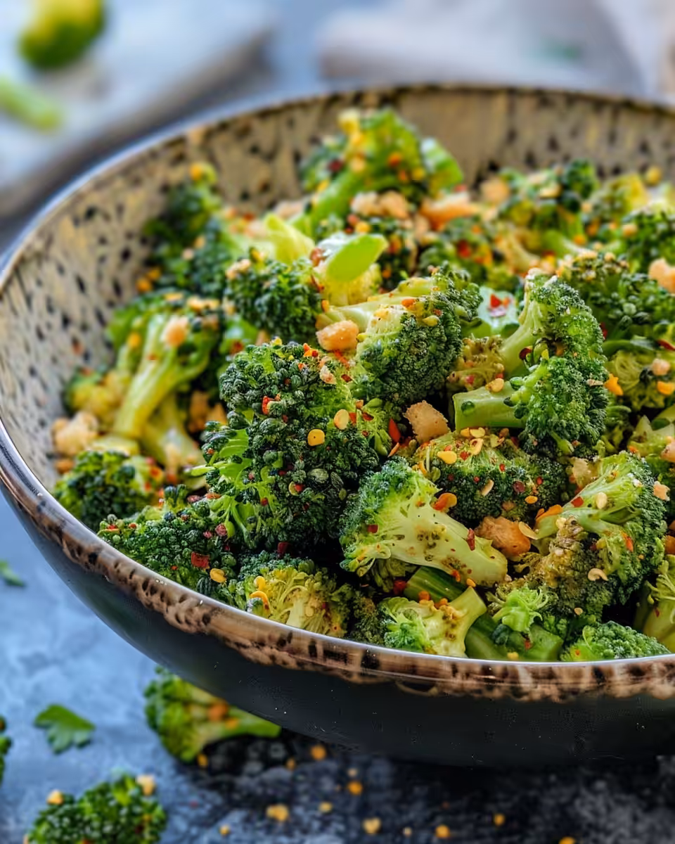 Finished broccoli salad served chilled with cranberries and almonds