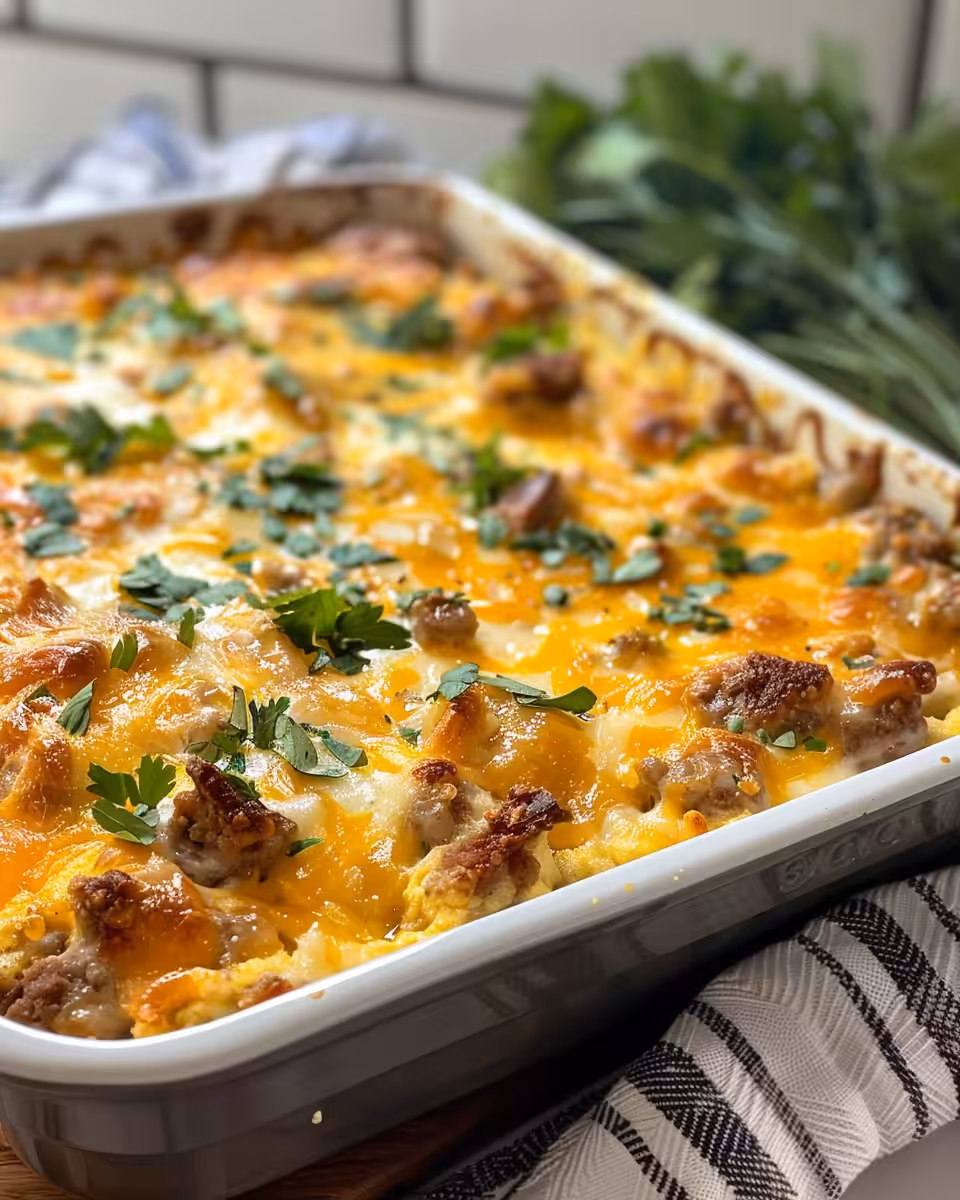 Ingredients prepared for breakfast casserole with sausage, bacon, eggs, potatoes, and cheese