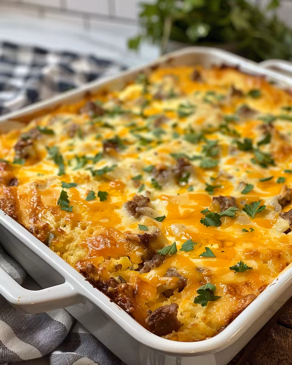 Final plated breakfast casserole served with crispy tortilla strips and pico de gallo