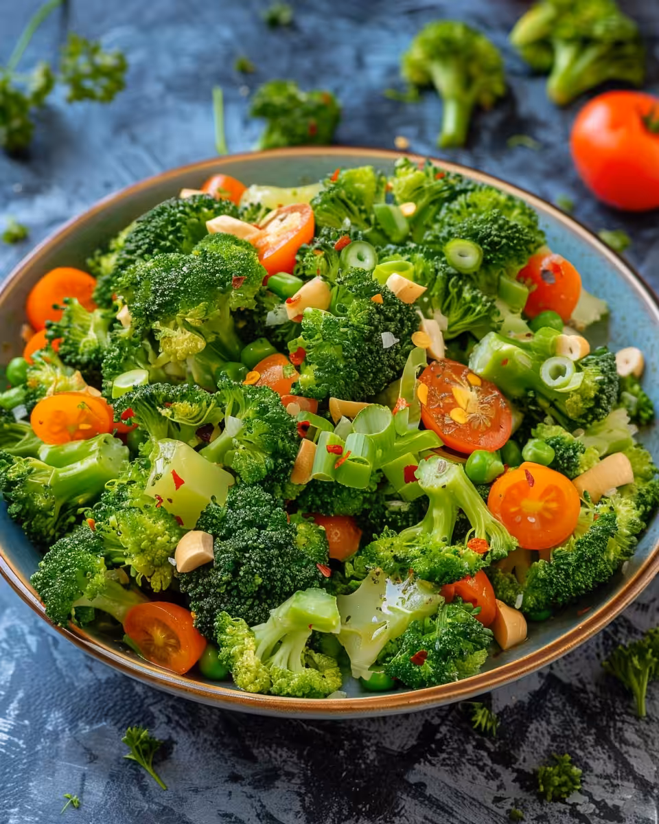 Fresh and tangy broccoli salad freshly prepared in bowl