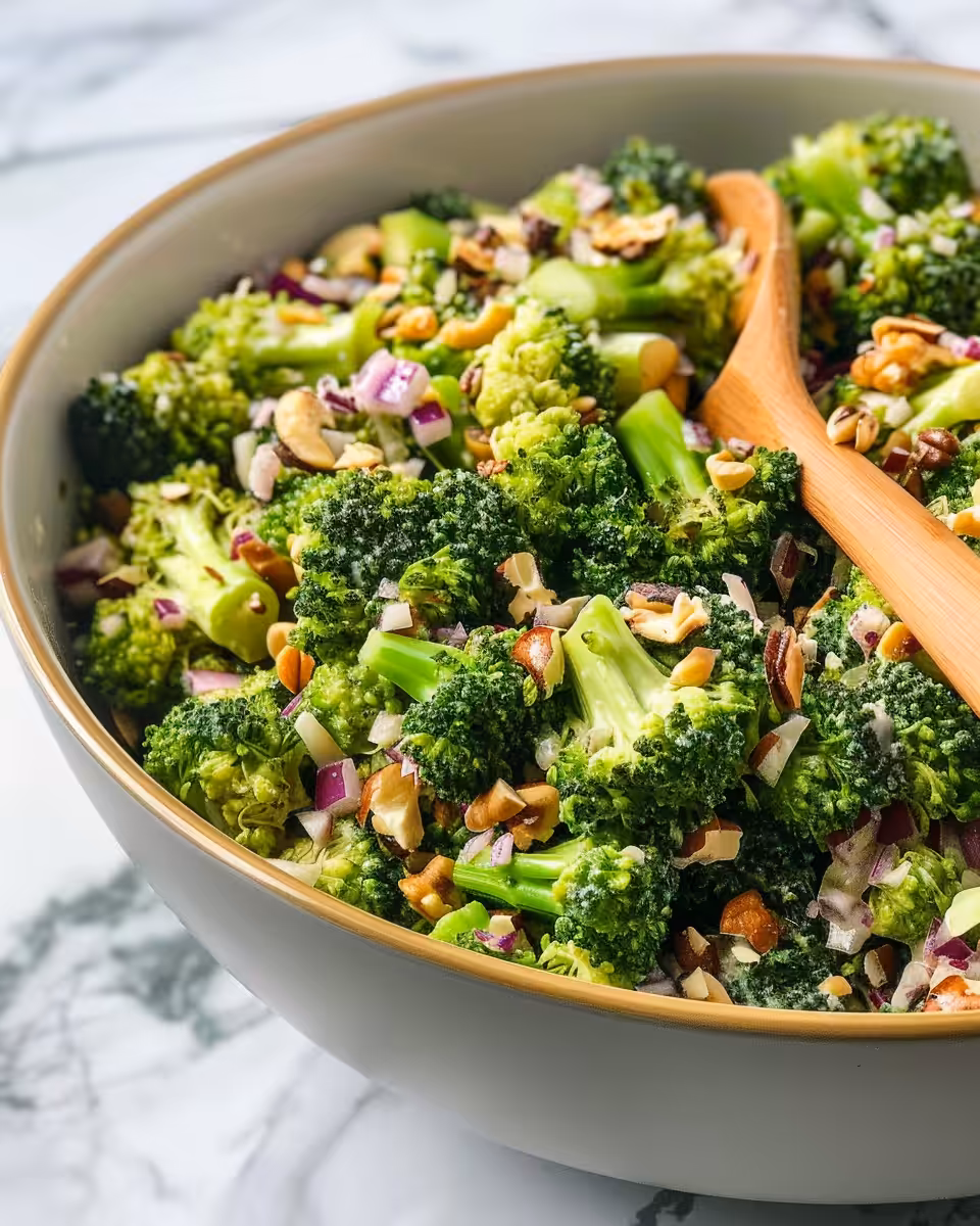 Final mixed broccoli salad served chilled with bacon and raisins