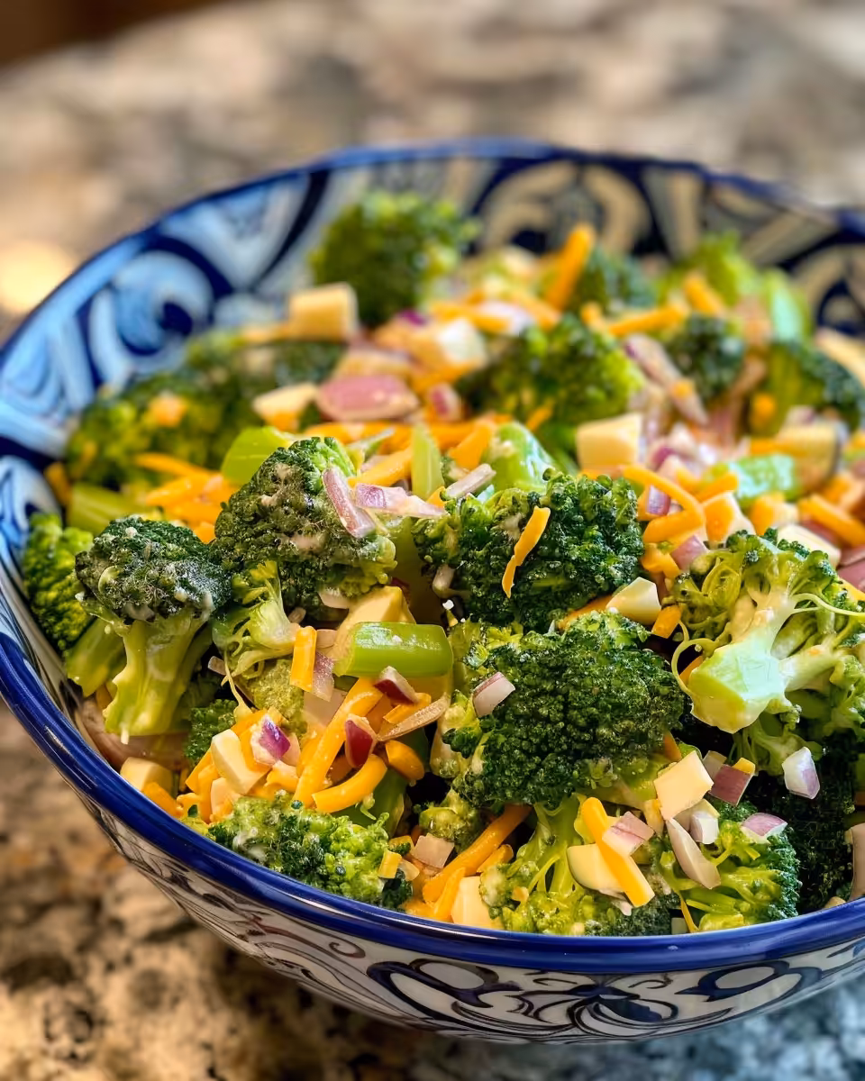 Final served broccoli salad with cheddar, bacon, cranberries, and sunflower seeds