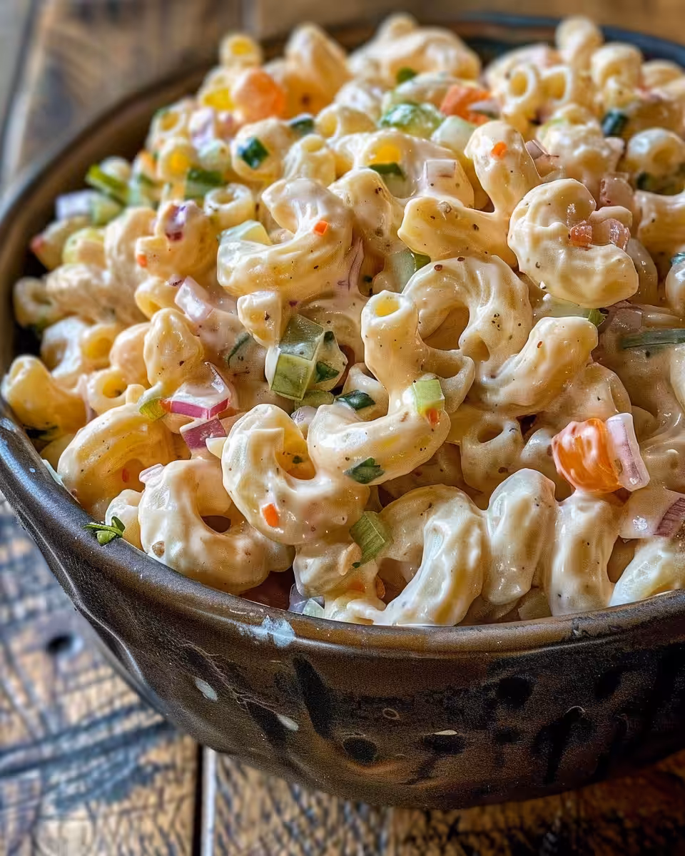 Ingredients for creamy macaroni salad including diced celery and bell pepper