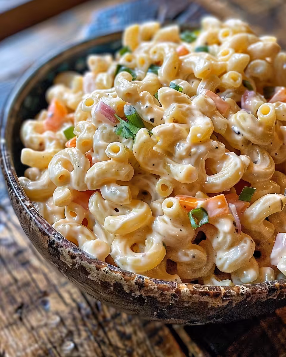 Creamy macaroni salad served in a bowl with fresh garnish