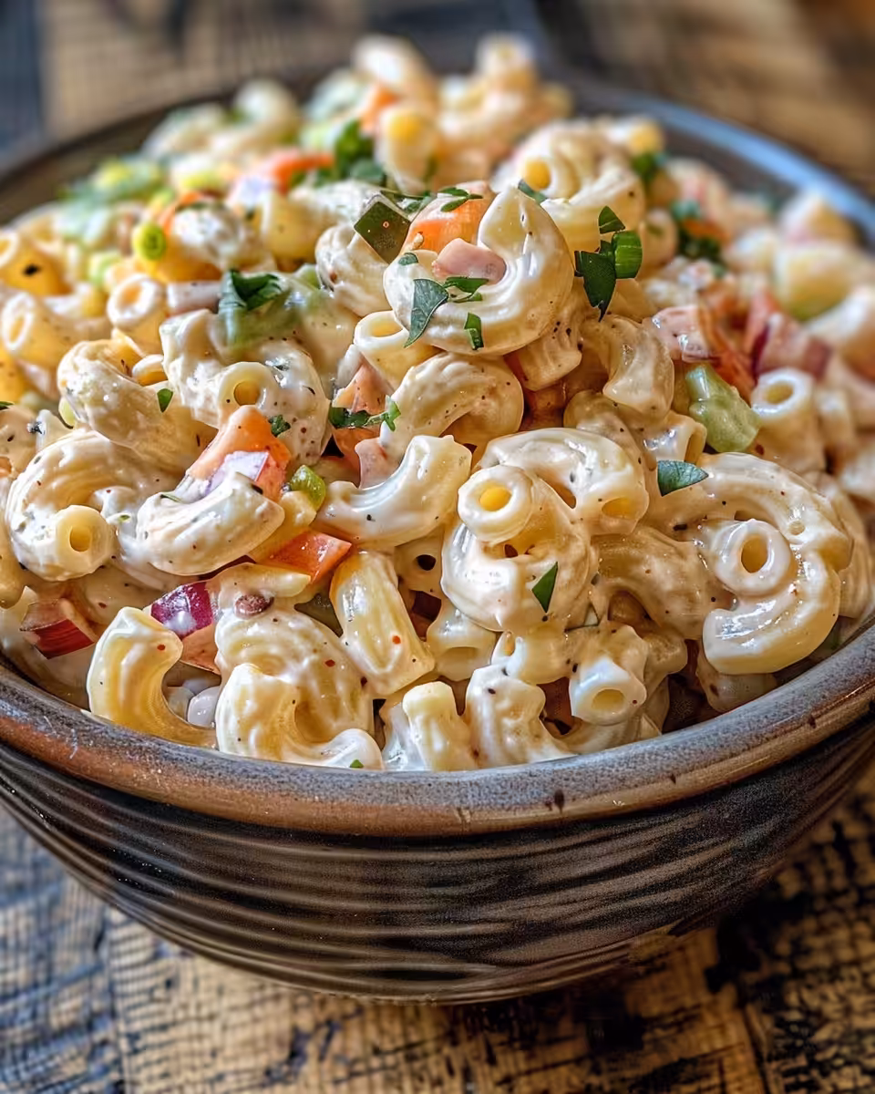 Creamy macaroni salad fresh and mixed in a bowl
