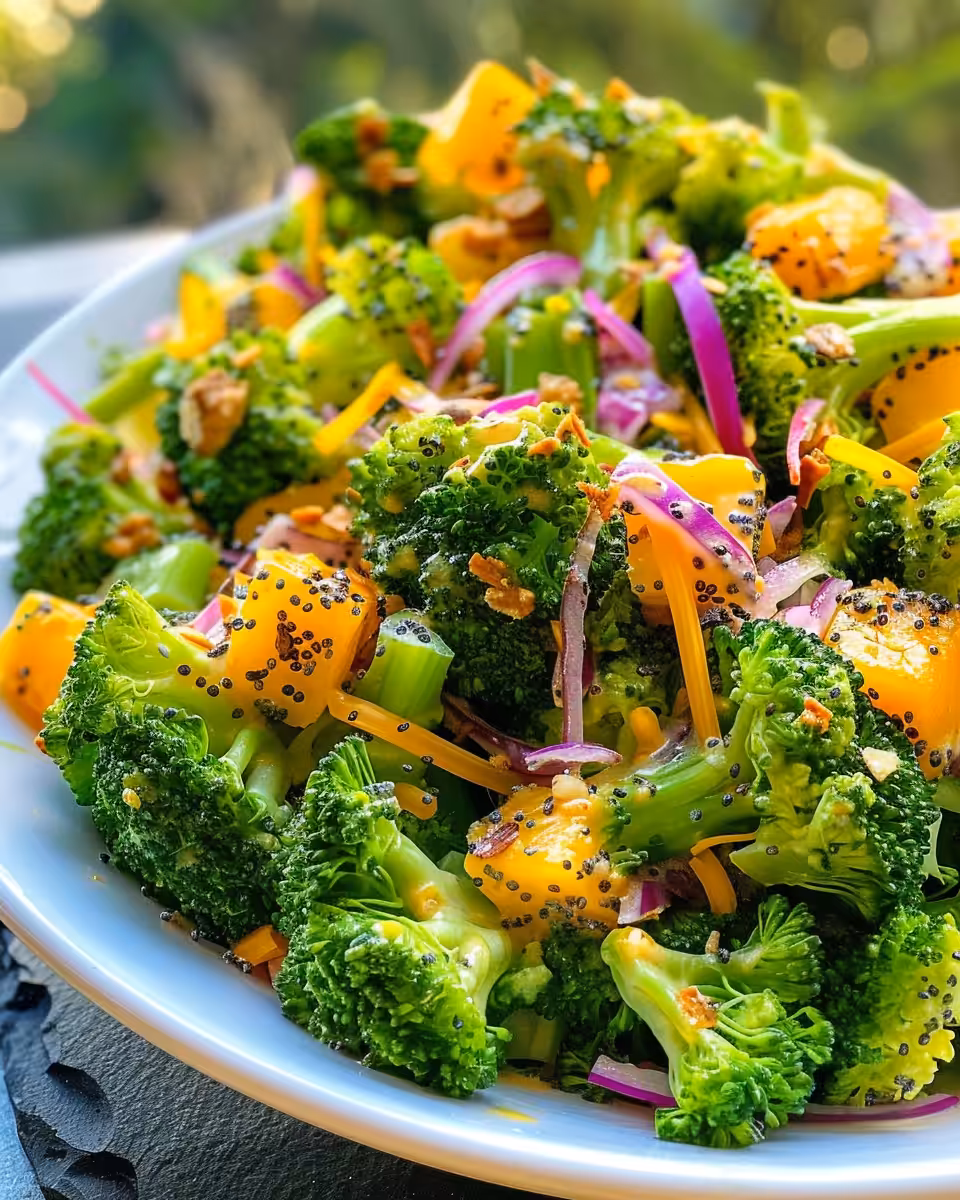 Fresh ingredients for broccoli salad including red onion, raisins, sunflower seeds