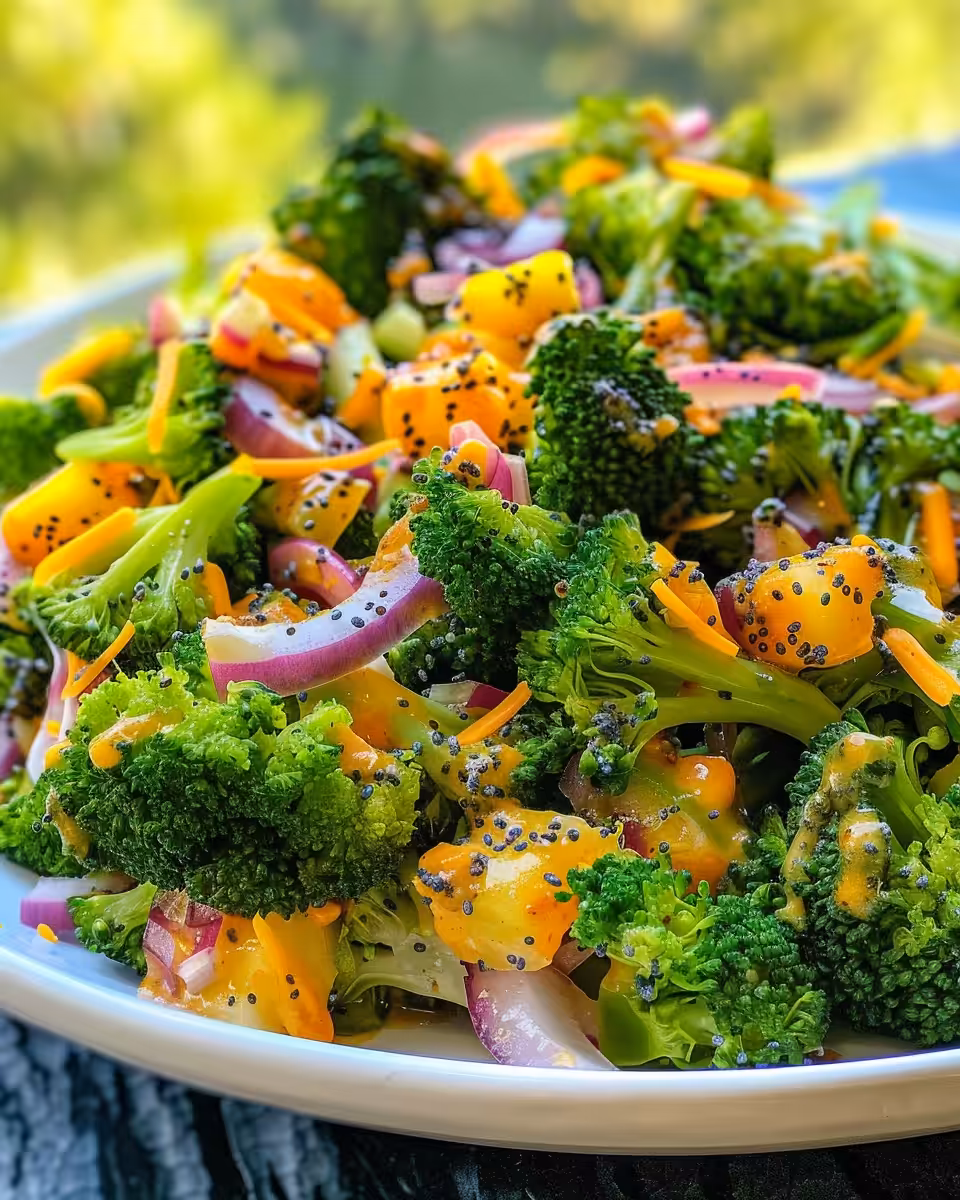 Serving of finished skinny broccoli salad with poppy seed dressing