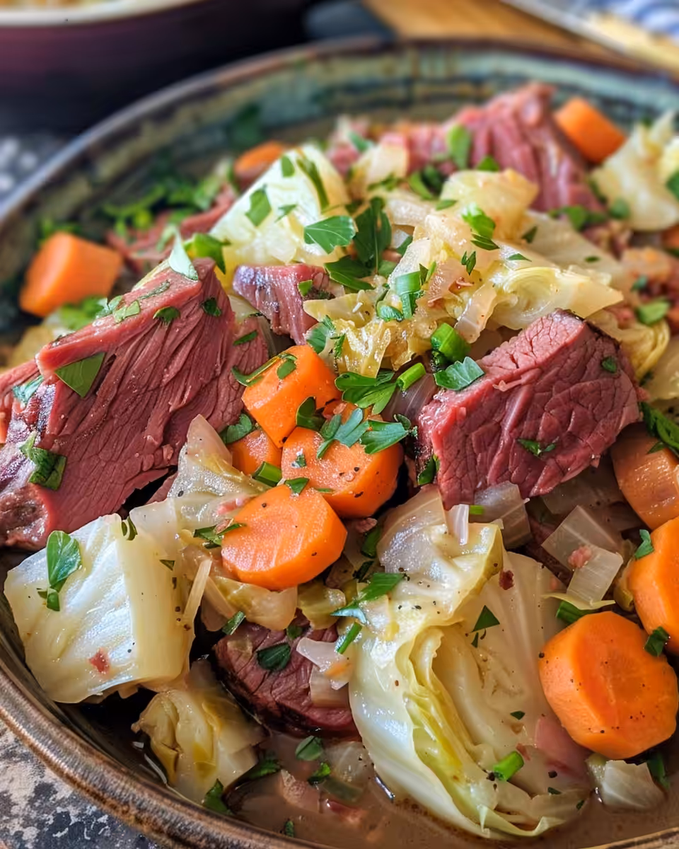 Ingredients layered in slow cooker including corned beef, potatoes, carrots, and cabbage