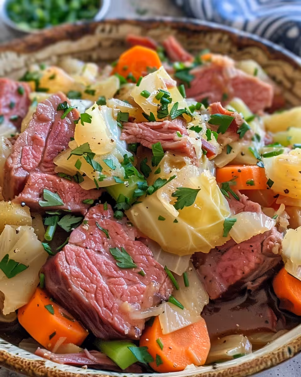 Sliced tender corned beef served with steamed vegetables on a plate