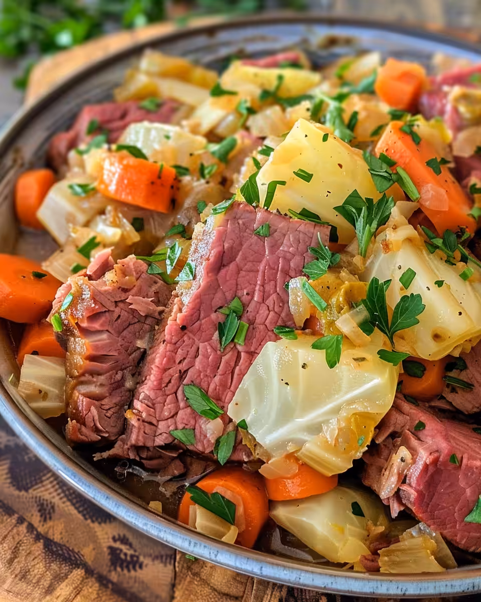 Steaming pot of corned beef and cabbage with rich aroma