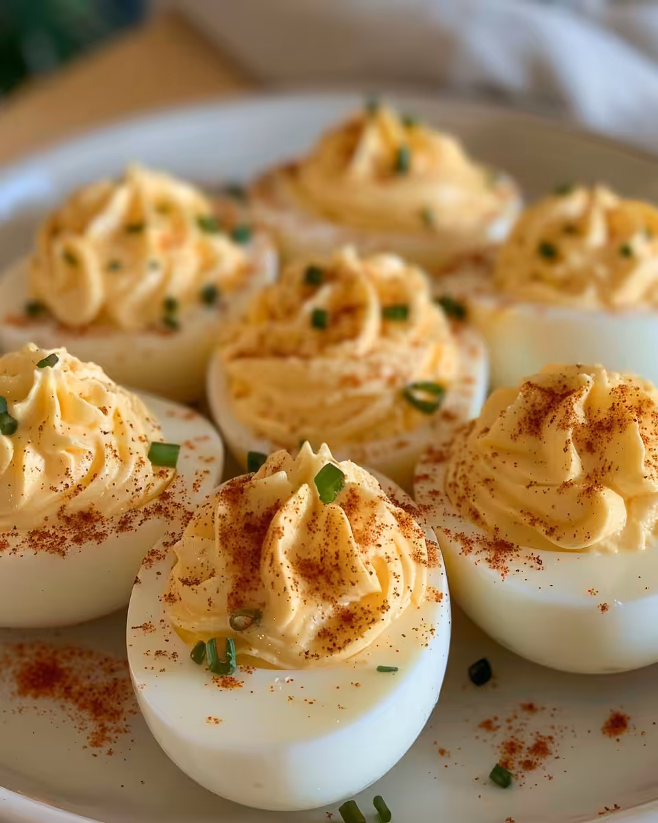 Deviled eggs arranged on platter, ready to serve