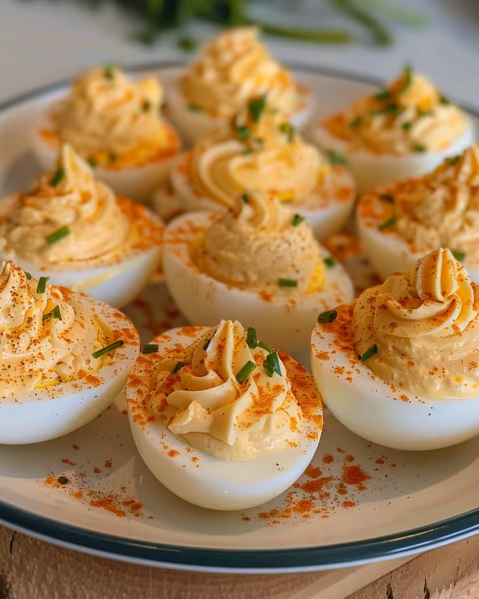 Classic deviled eggs fresh from the pressure cooker with smooth filling
