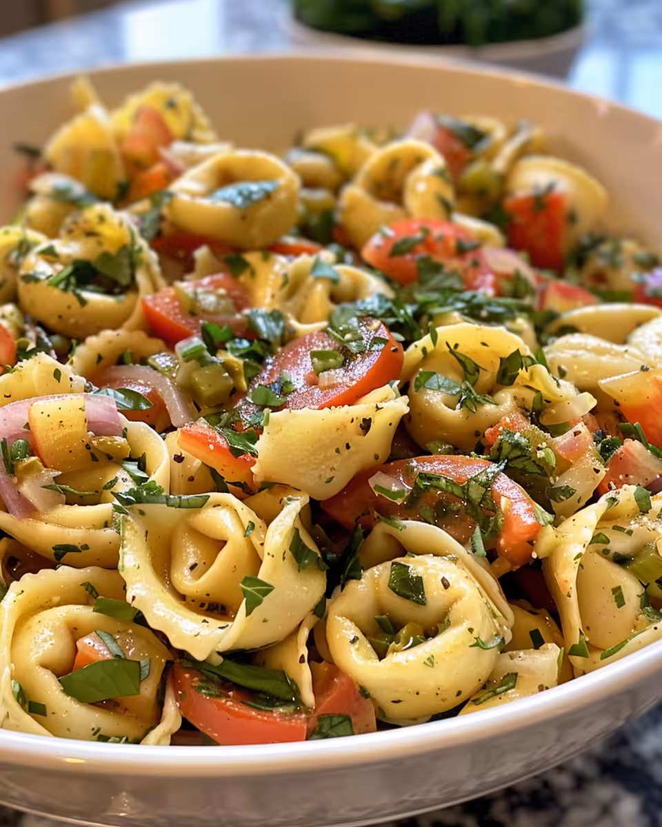 Ingredients for fresh tortellini pasta salad mixed in a bowl