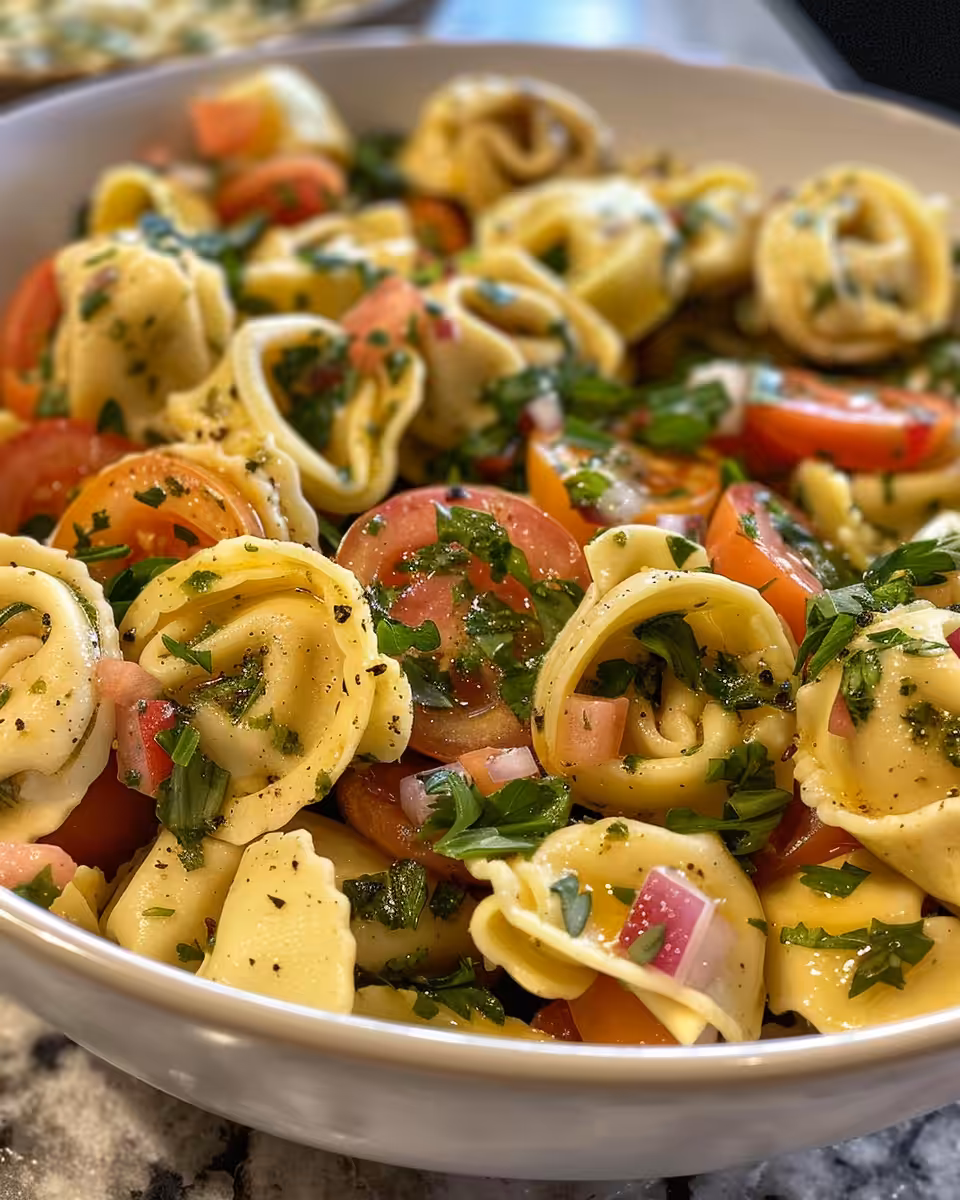 Served tortellini pasta salad ready to enjoy