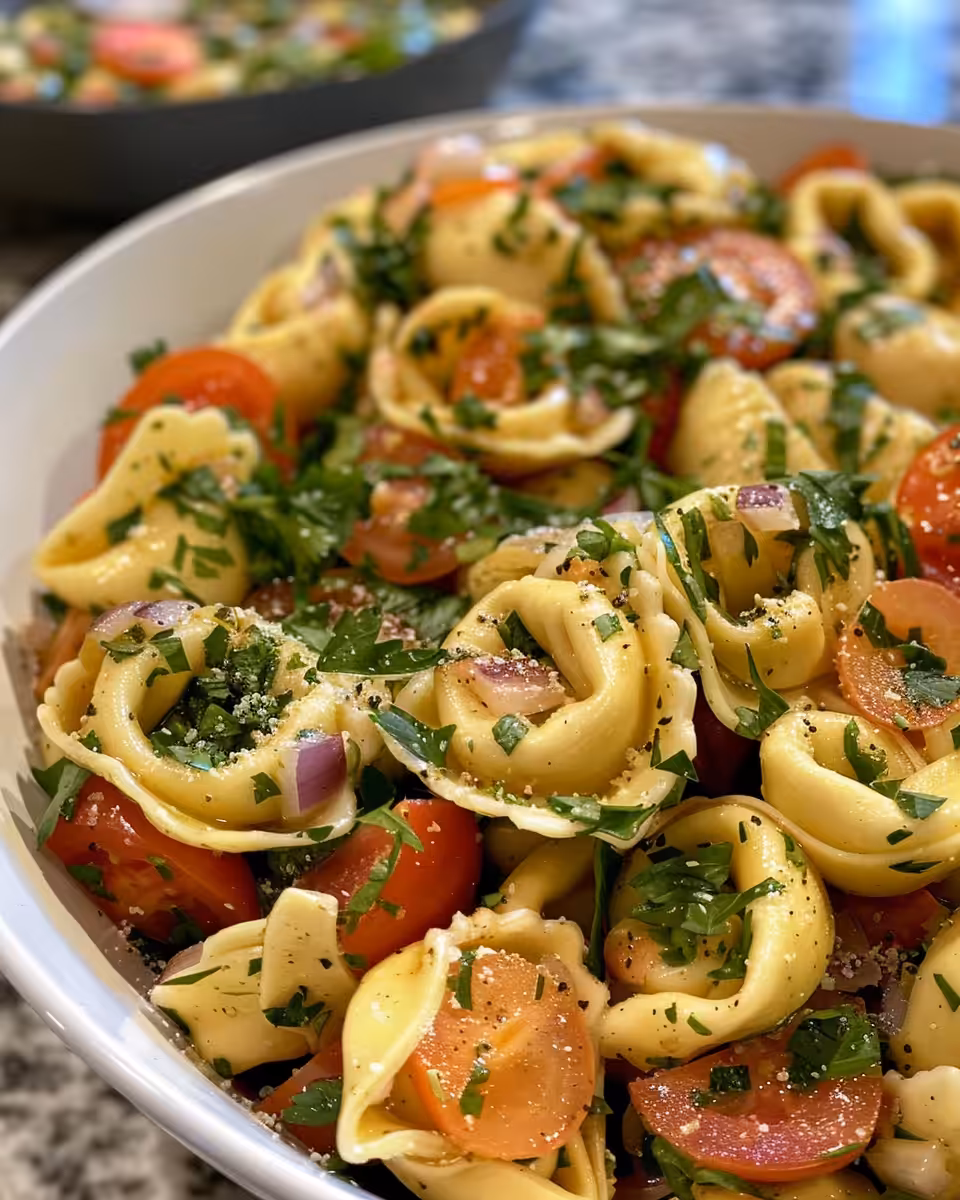 Fresh tortellini pasta salad steaming from the pressure cooker