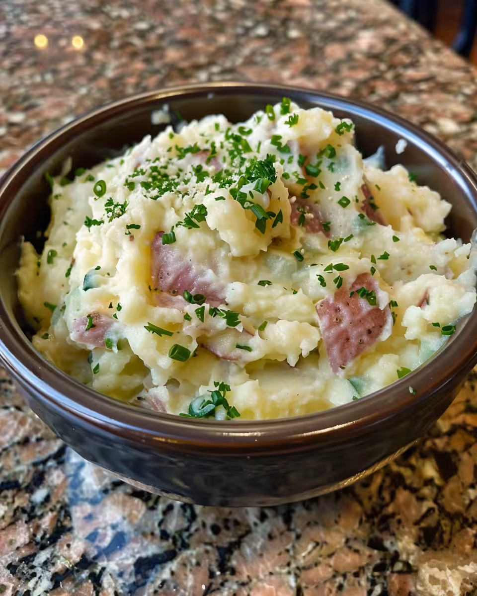 Plated creamy Irish colcannon garnished and ready to eat
