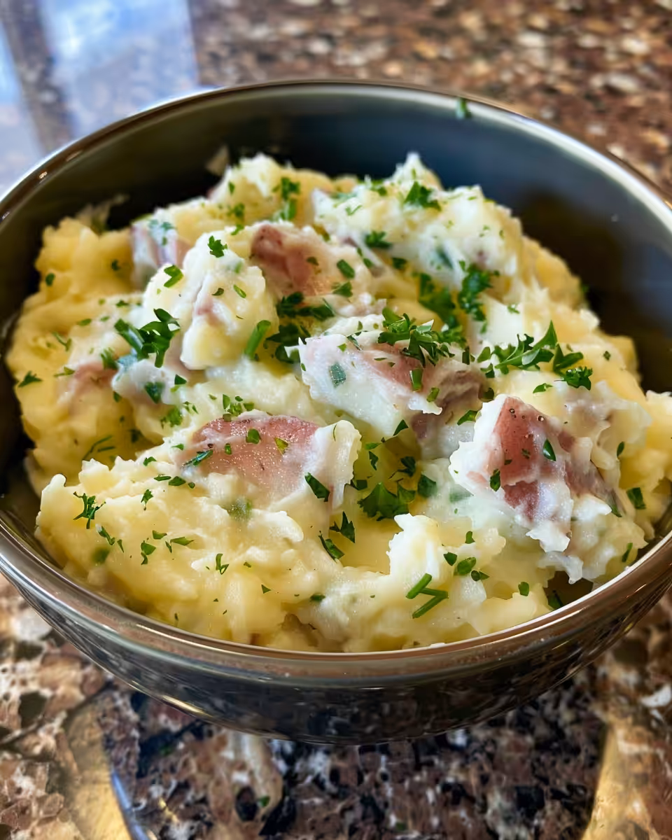 Close-up view of creamy colcannon Irish mashed potatoes steaming in pot