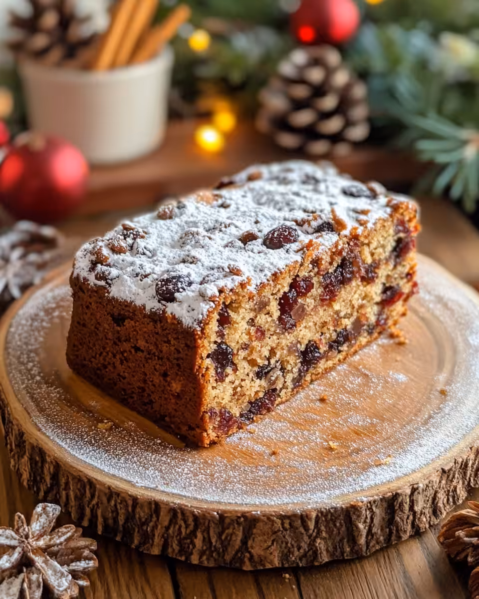 Finished fruit cake ready to serve with glaze and nuts on top
