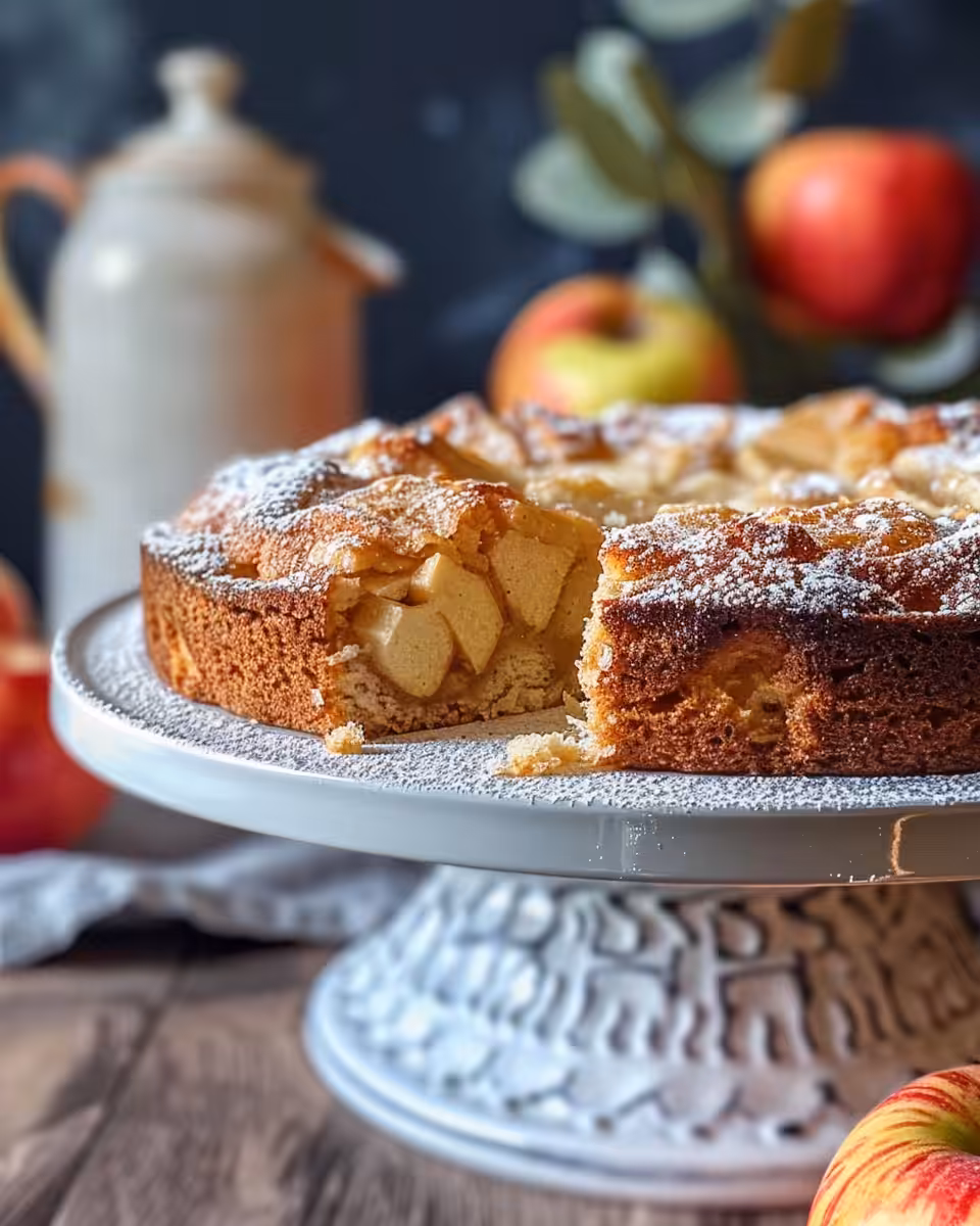 Final Irish apple cake dusted with confectioner's sugar ready to serve
