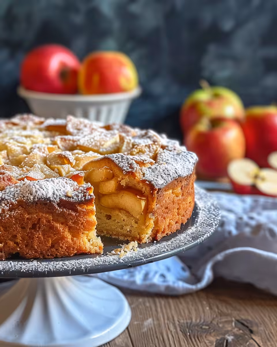 Golden crust of Irish apple cake visible through steam
