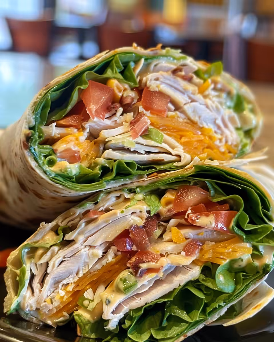 Finished turkey ranch club wrap sliced and ready to eat