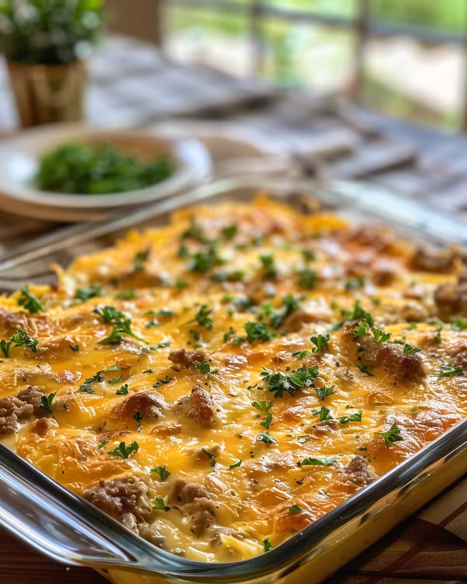 Ingredients for breakfast casserole including sausage, bacon, mushrooms, peppers, cheese