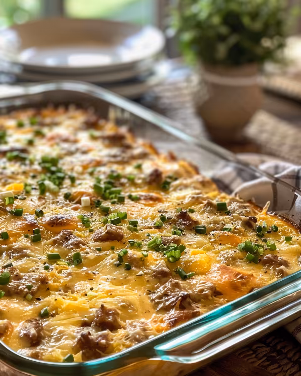 Finished cheesy breakfast casserole sliced and ready to serve
