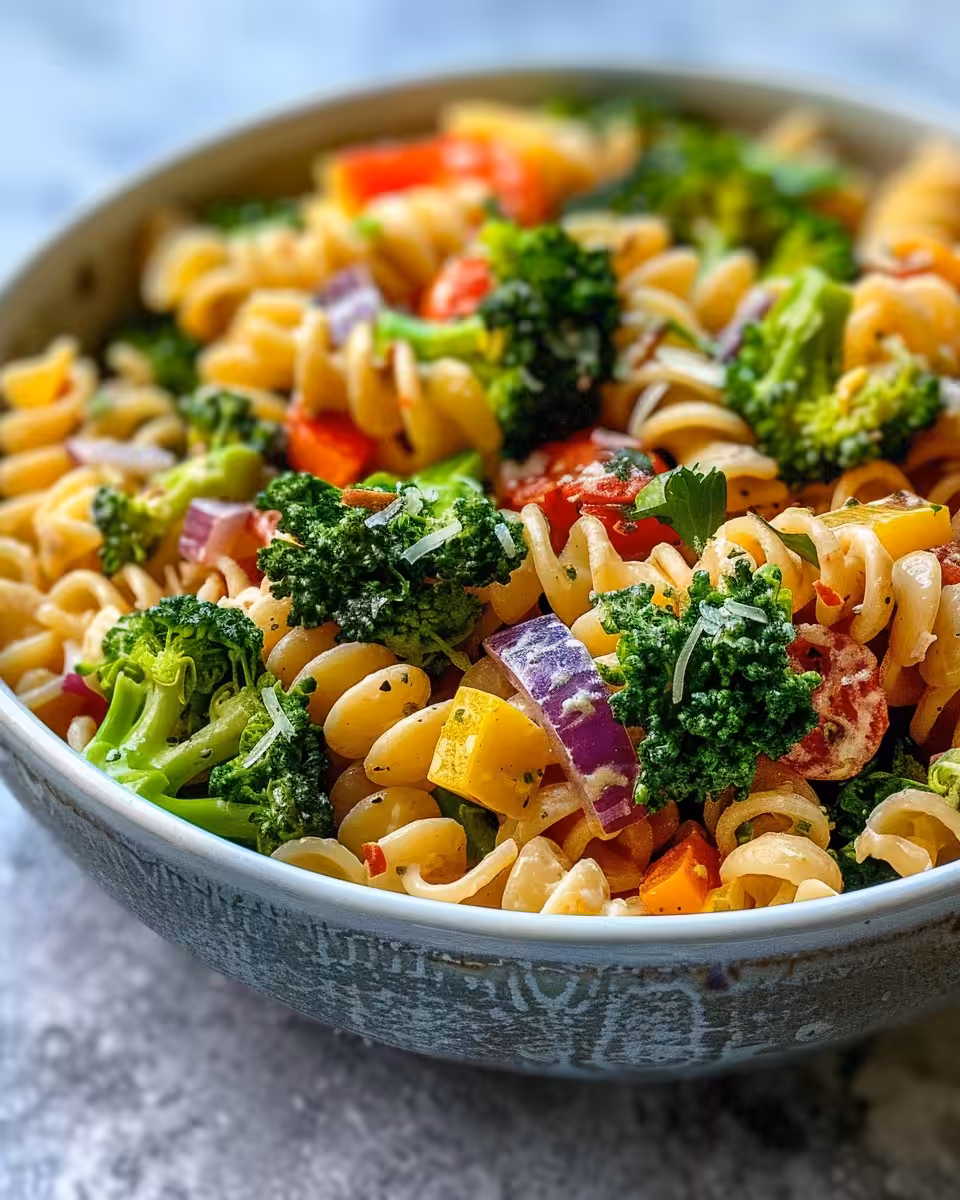 Ingredients arranged for creamy bacon broccoli pasta salad including pasta and bacon