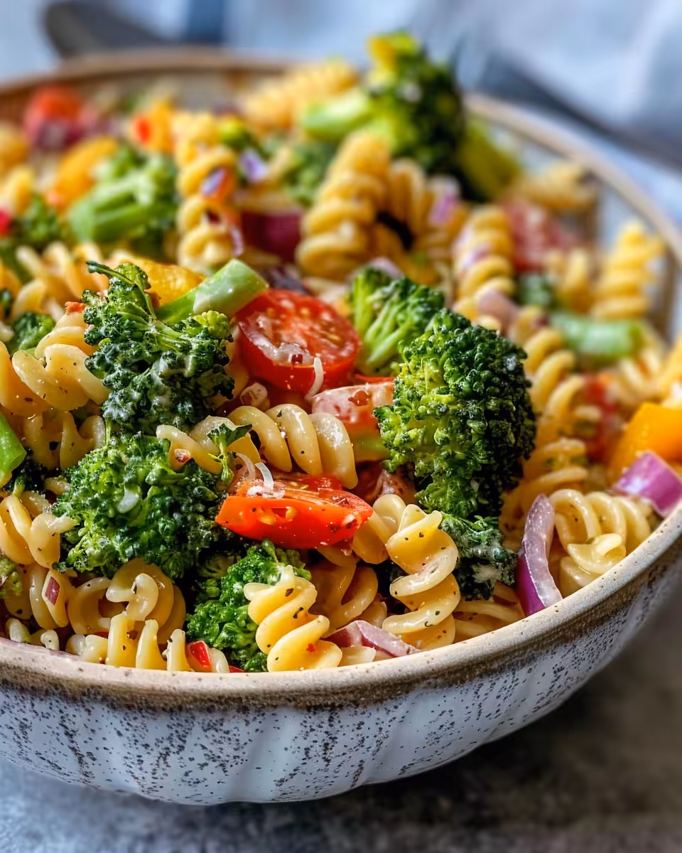 Final creamy bacon broccoli pasta salad served fresh on plate