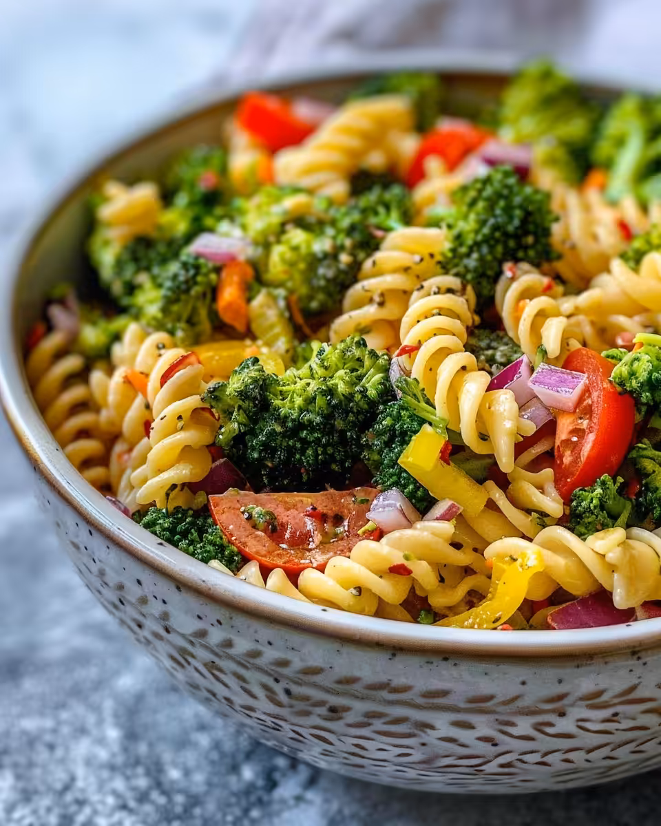 Creamy bacon broccoli pasta salad fresh and served in bowl