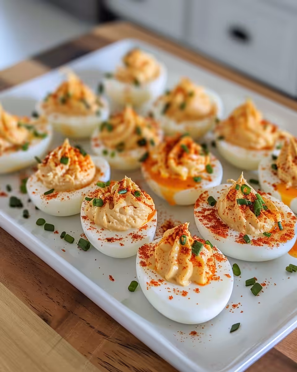Final plated deviled eggs sprinkled with paprika