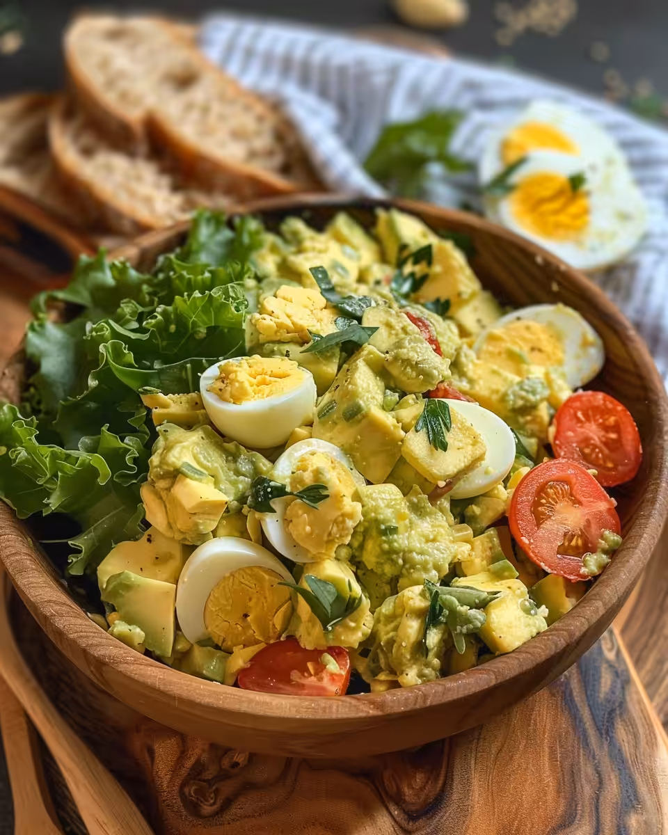 Finished zesty avocado egg salad served in a bowl with fresh herbs garnish